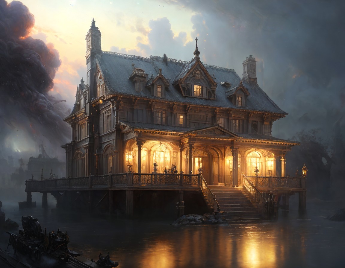 Victorian Mansion on Pier with Fog and Boats Nearby