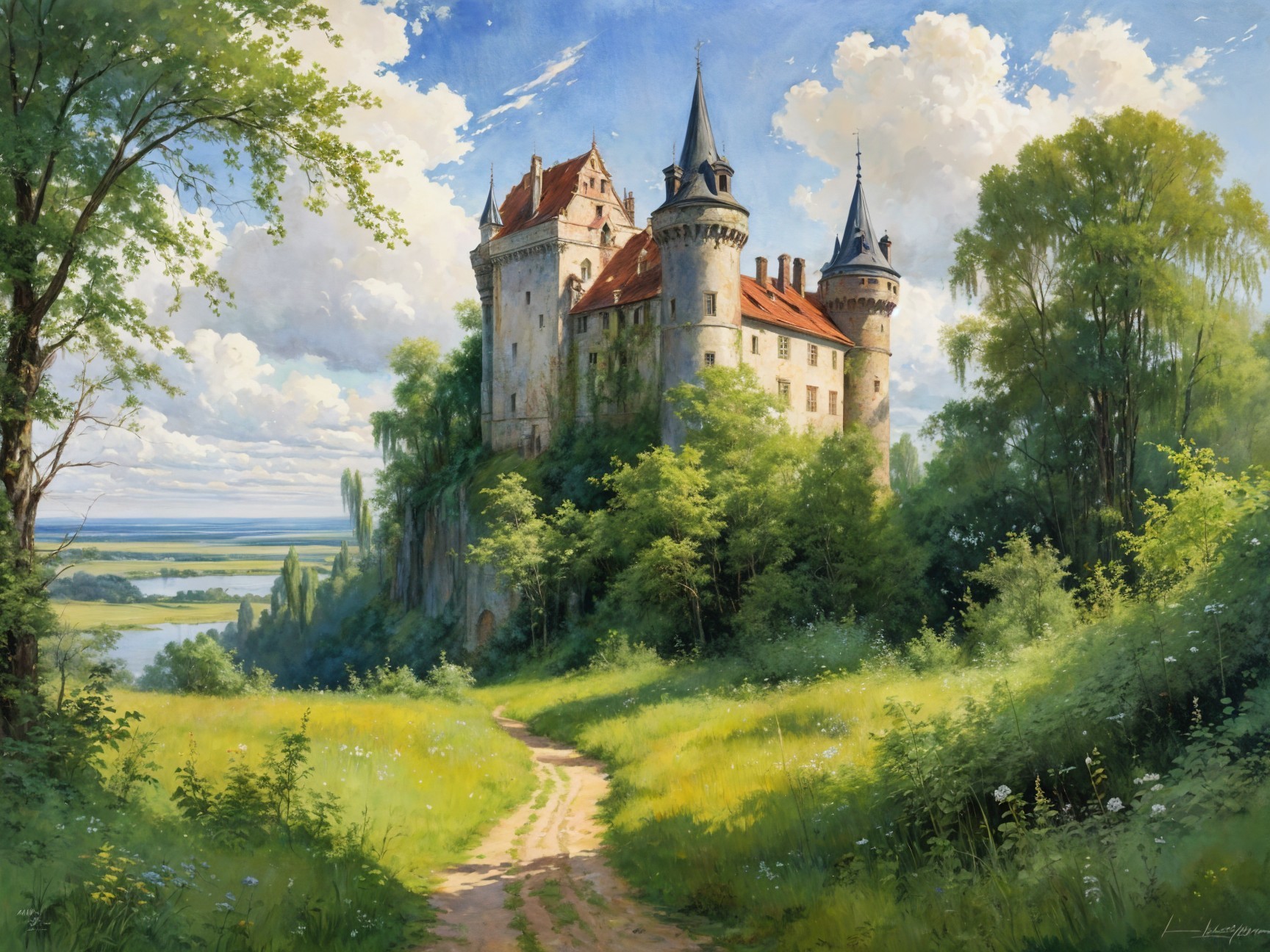 Majestic castle on a hill with vibrant surroundings