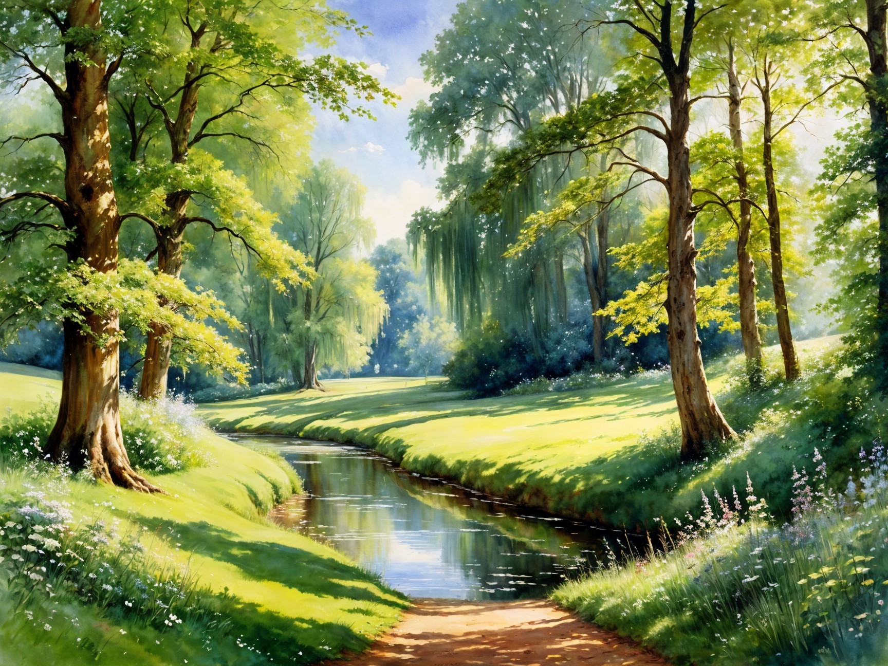 Serene Landscape with Trees and Gentle Stream