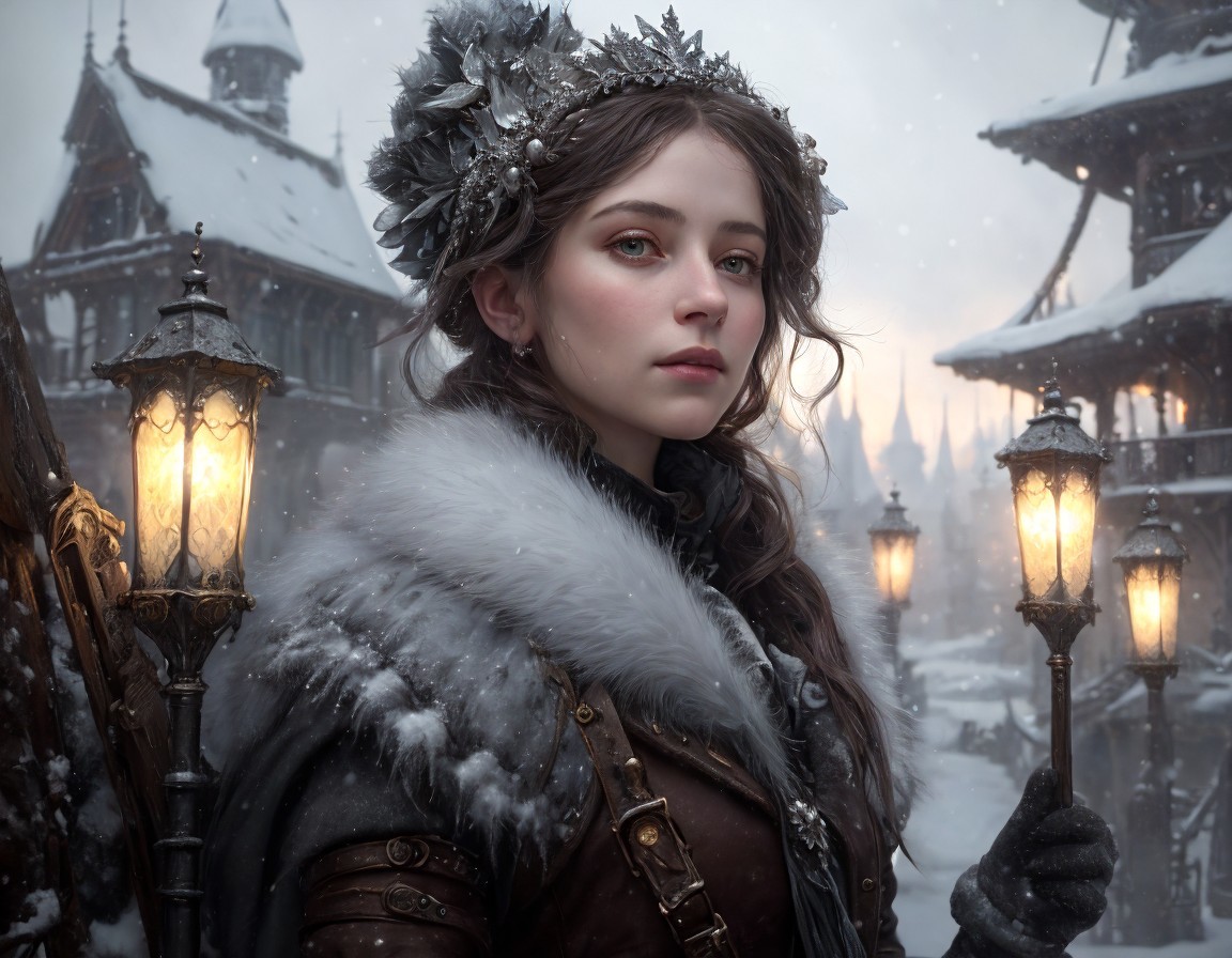 Regal Woman in Crown and Fur Cloak in Winter Scene