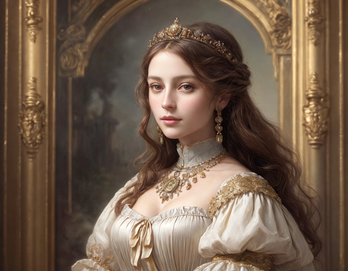 Historical woman in gown with tiara and mirror pose elegantly
