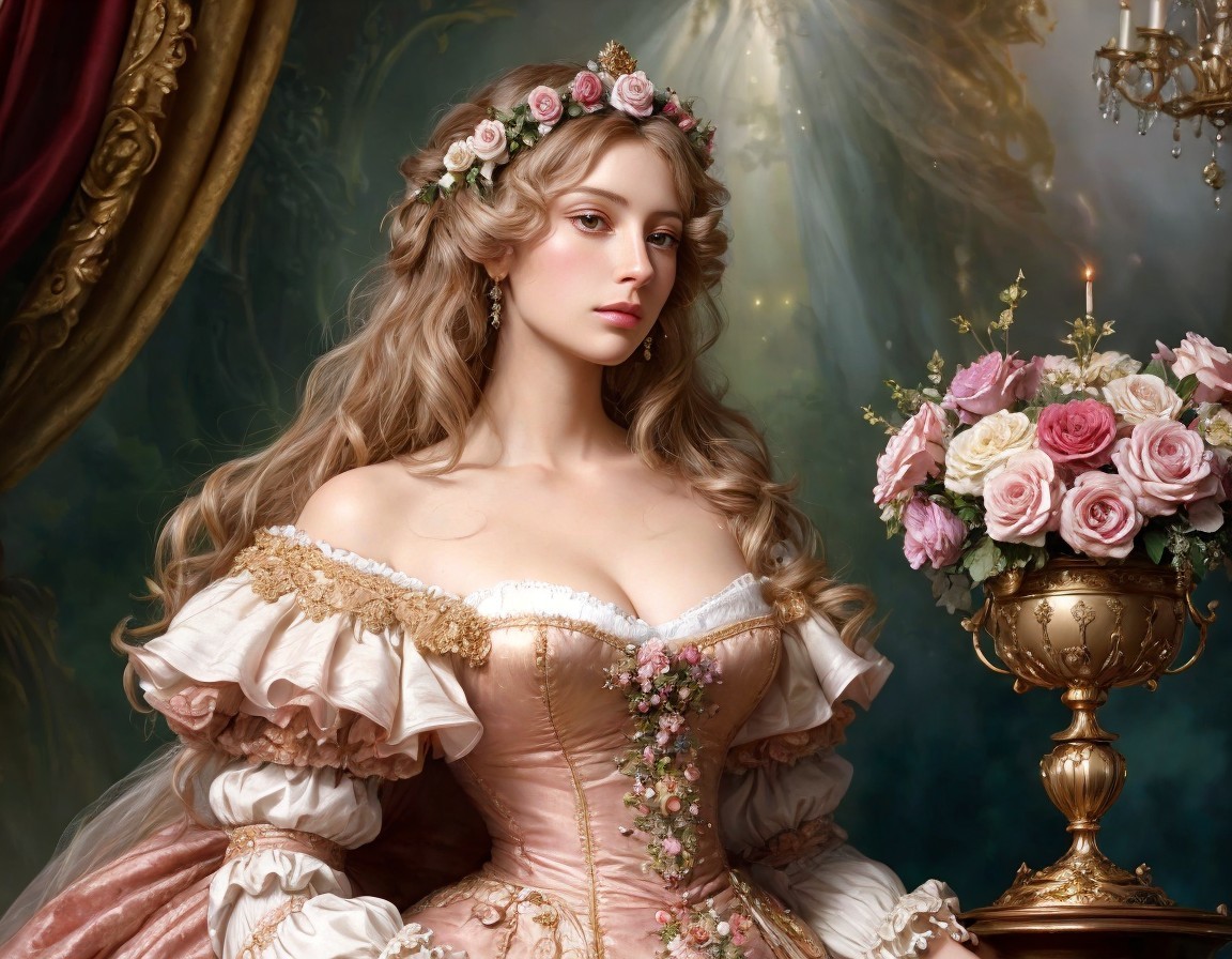 Historical woman in lavish dress with rose embellishments and floral crown.
