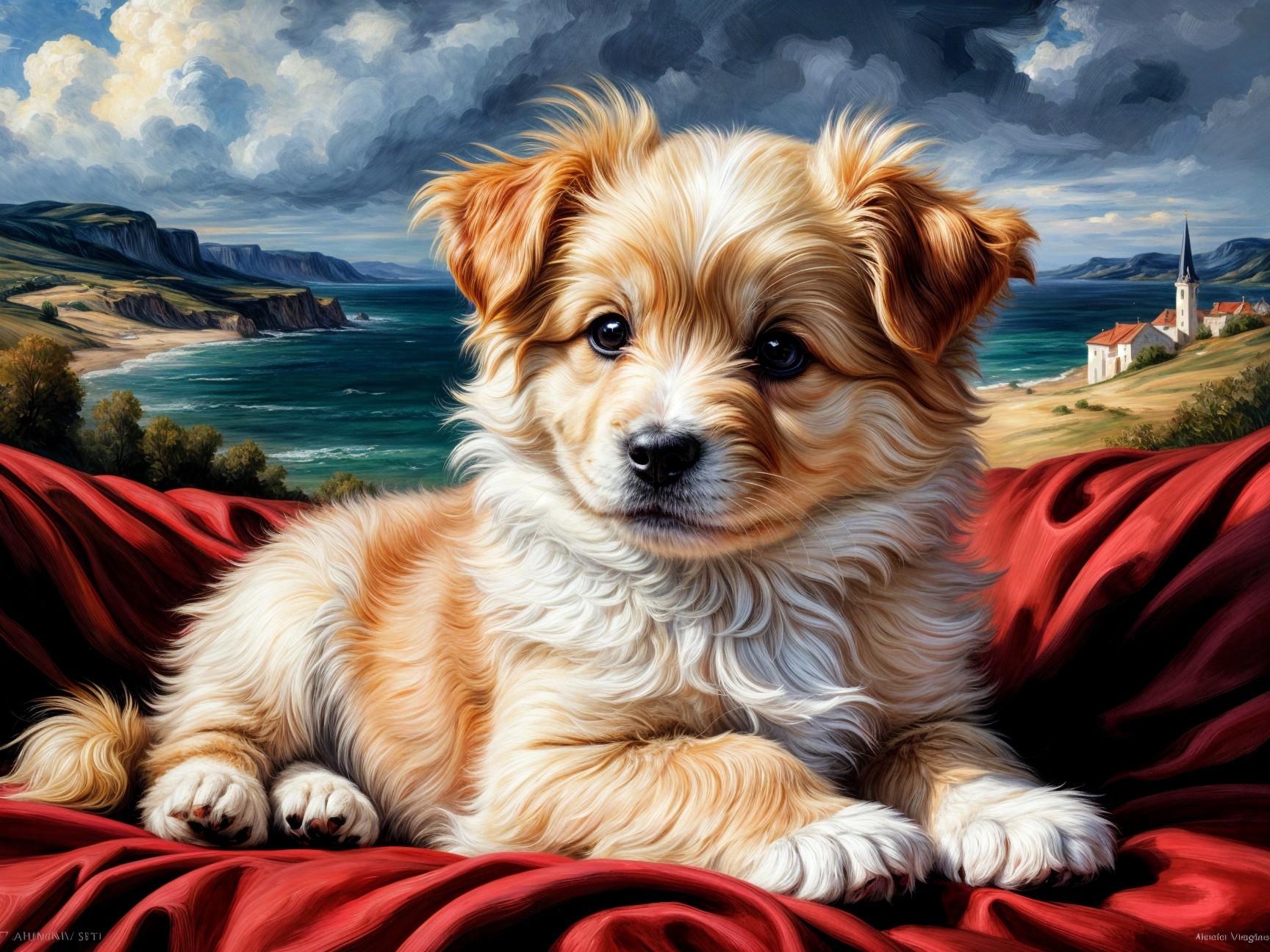 Fluffy Golden-Brown Puppy on Crimson Fabric with Coastal View