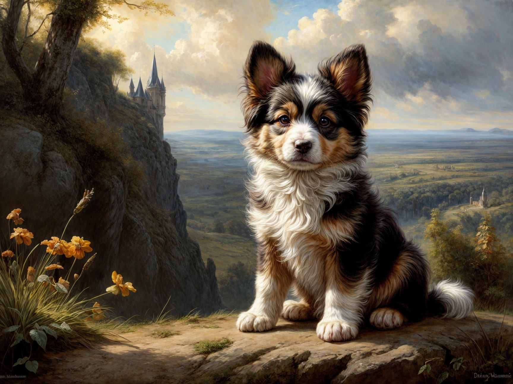 Fluffy Tri-Color Puppy on Rocky Ledge with Castle