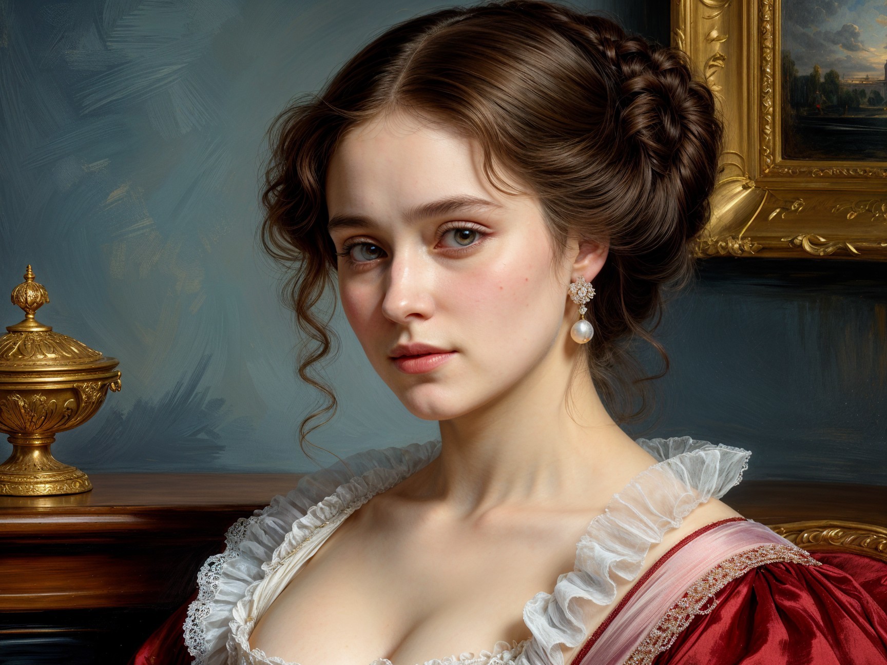 Portrait of a Young Woman in Elegant Red Gown