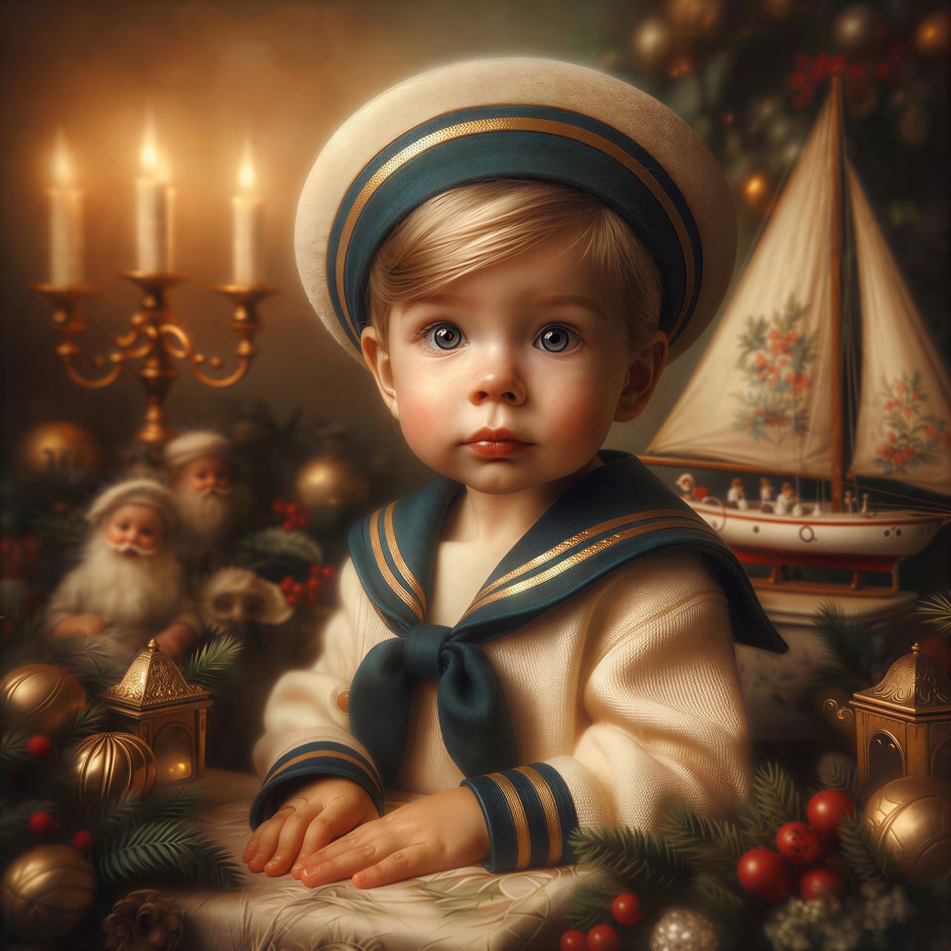 Toddler in Sailor Suit at Festive Table with Candles