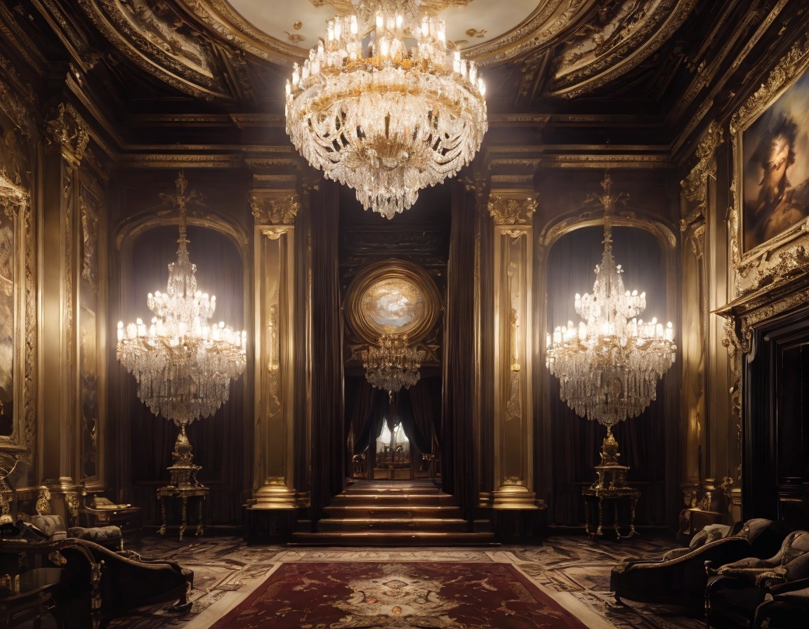 Luxurious Room with Crystal Chandeliers and Golden Walls