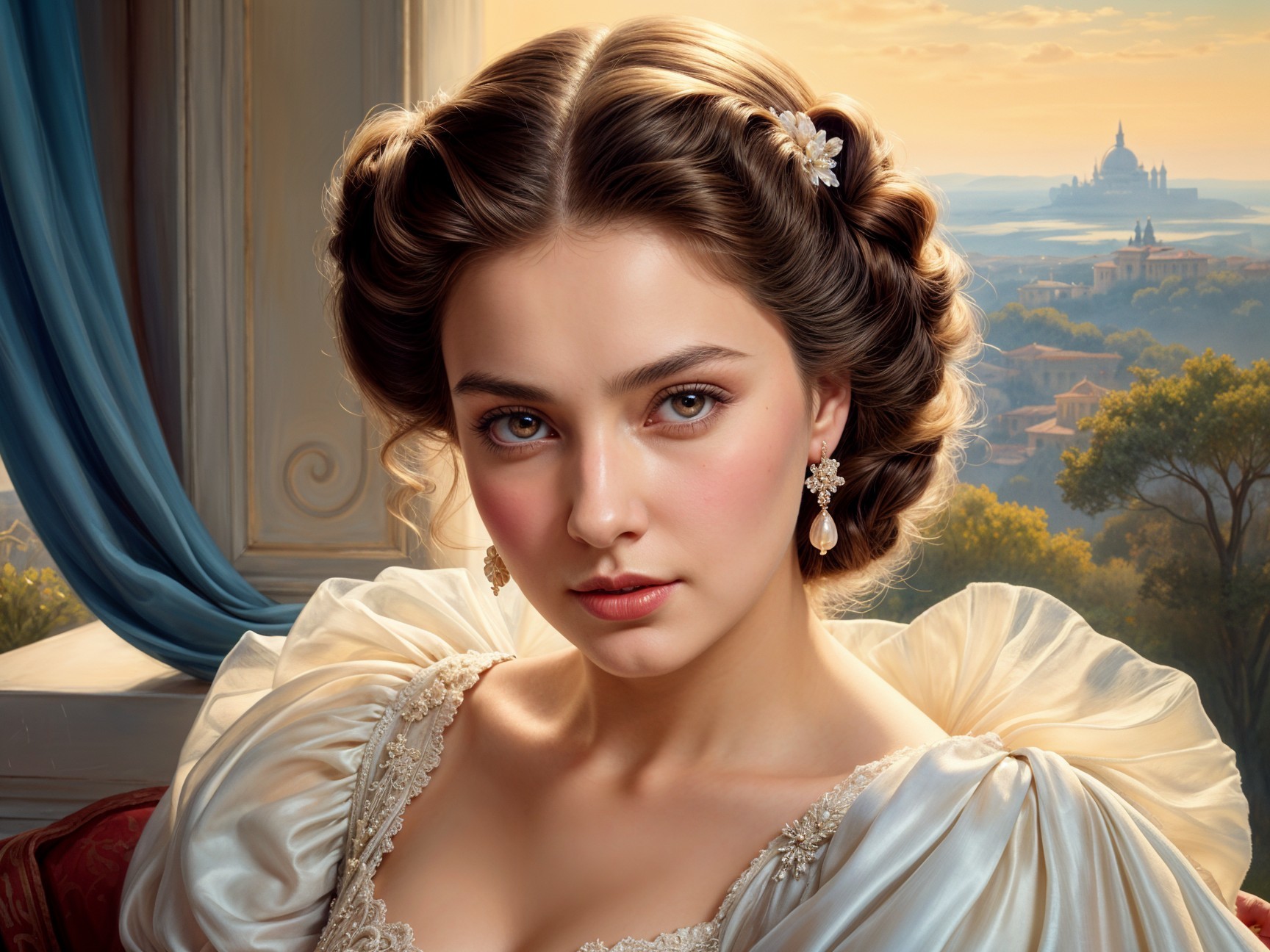 Elegant Young Woman in Luxurious White Gown