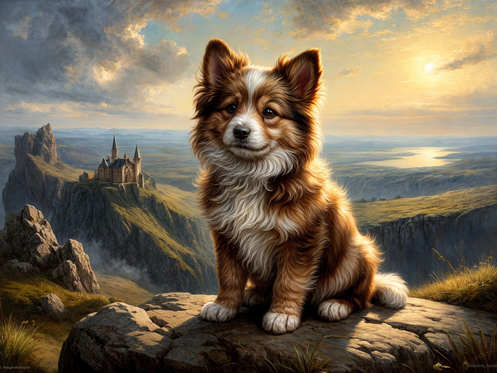 Fluffy Dog on Rocky Ledge with Castle and Sunset View