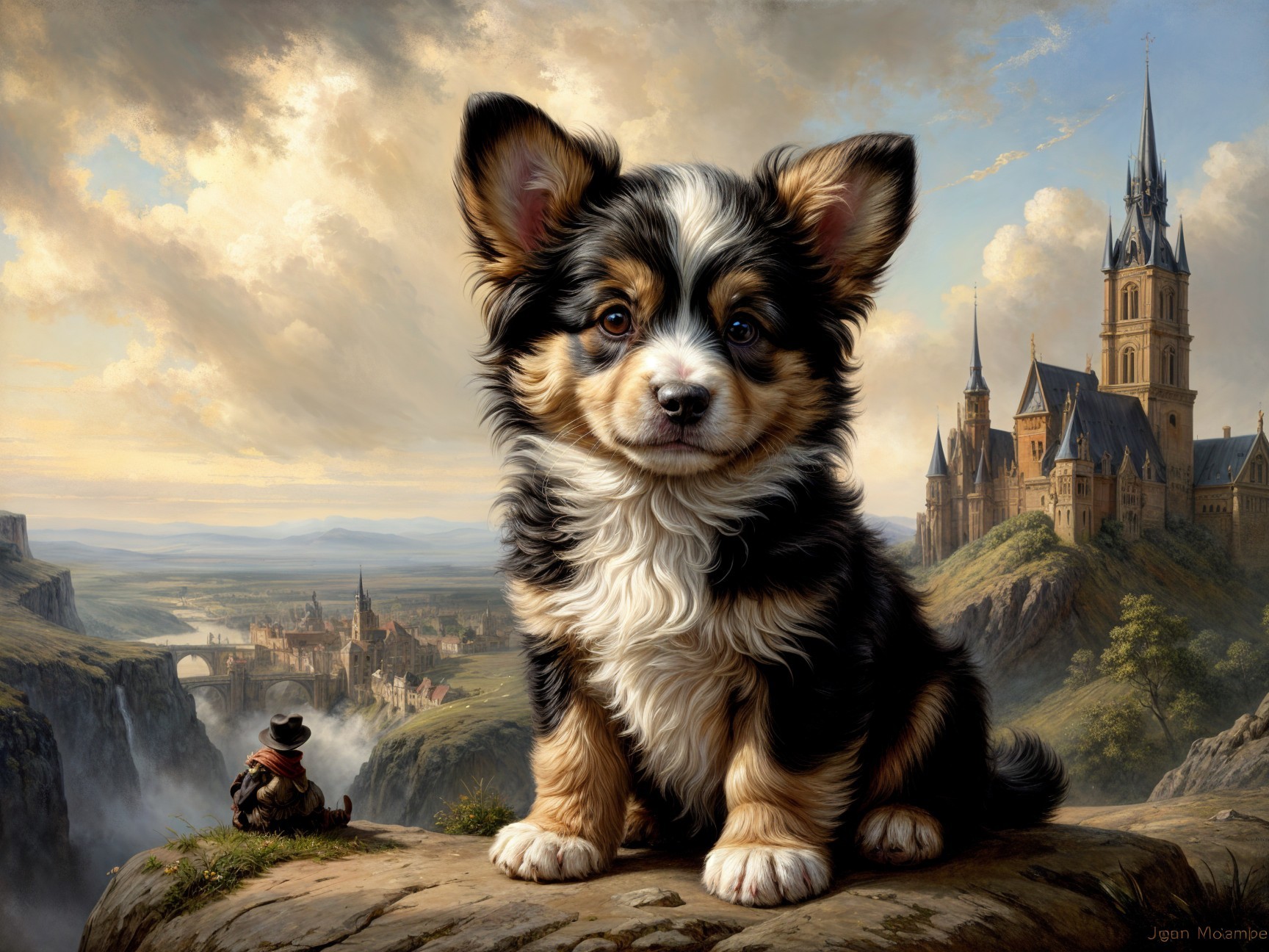 Fluffy Corgi Puppy on Rocky Outcrop with Castle View