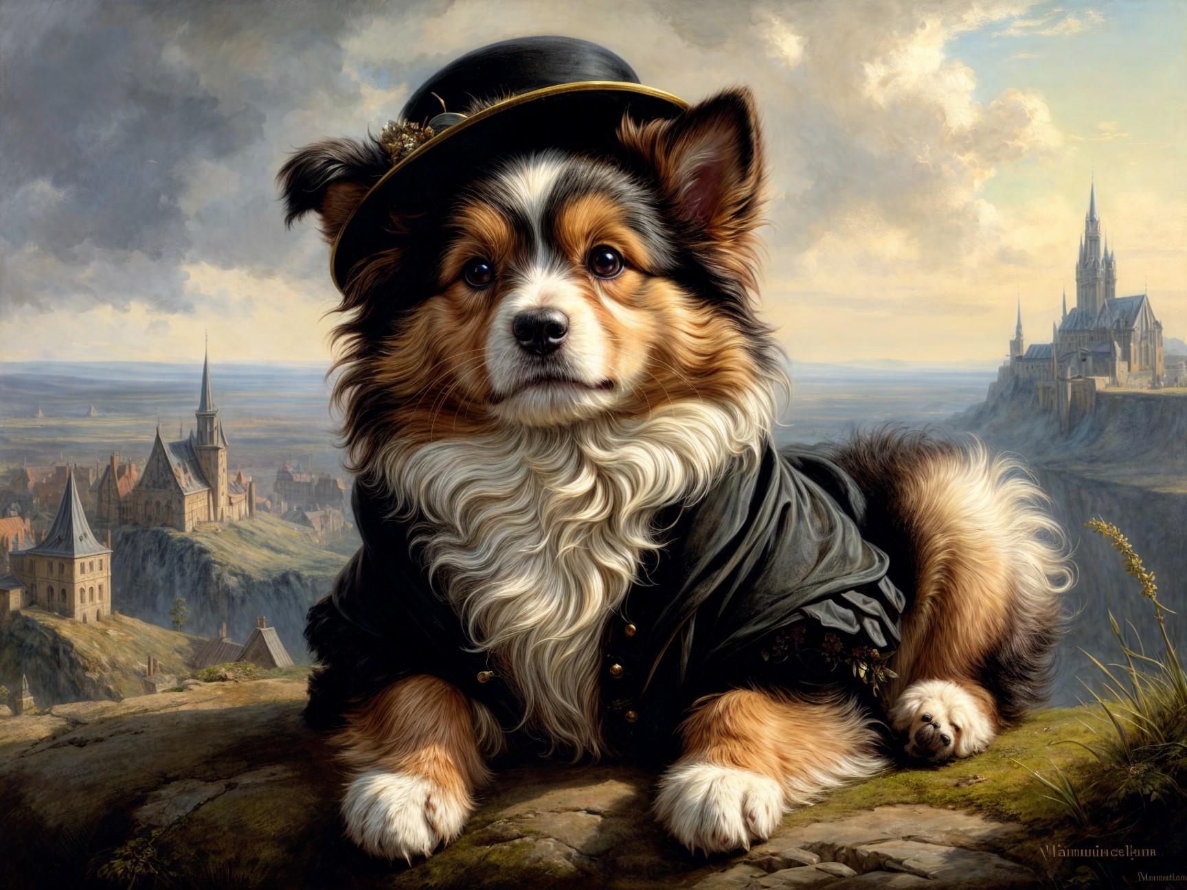 Regal Dog in Elegant Coat on Rocky Outcrop Landscape