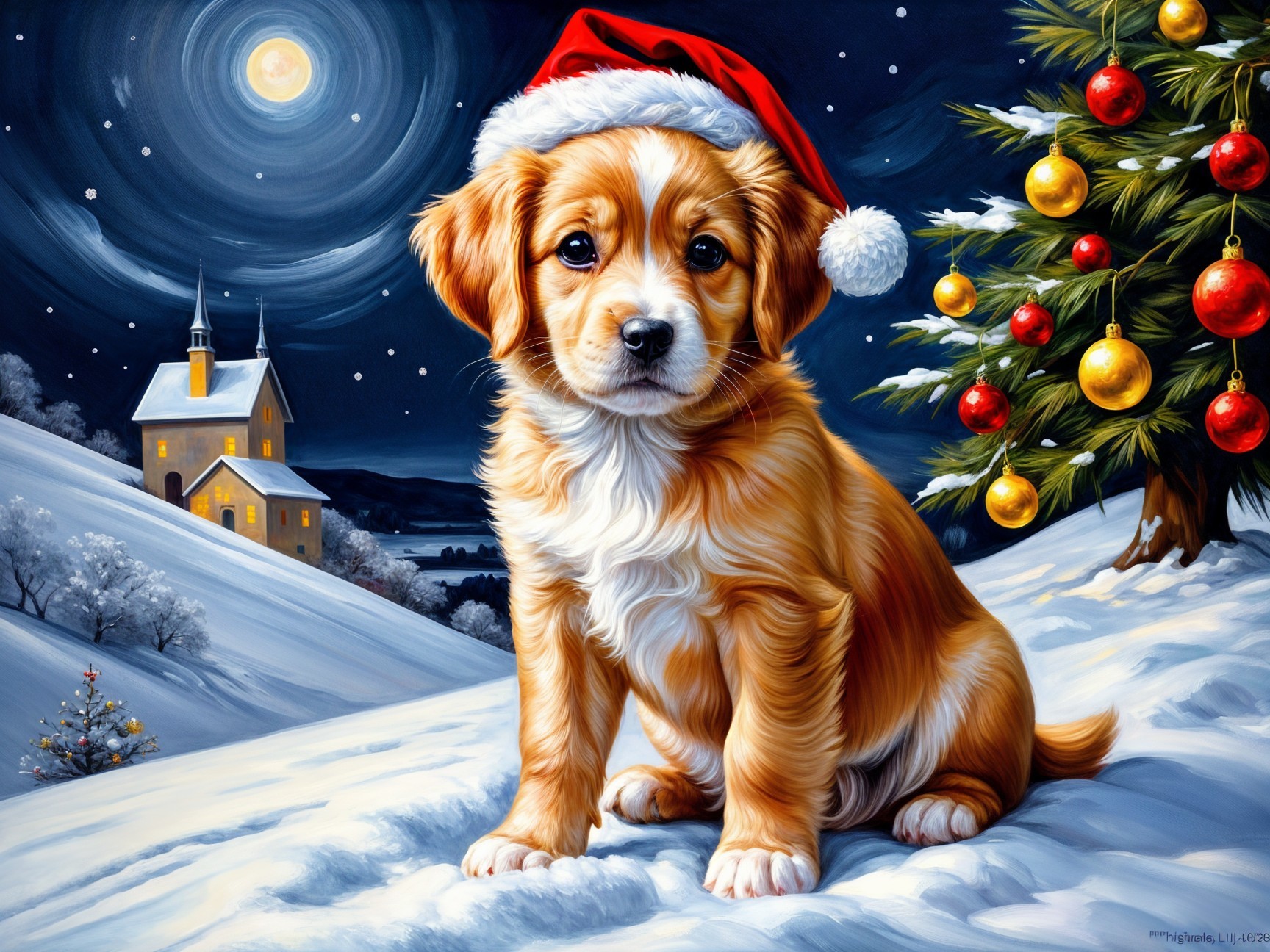 Golden puppy in Santa hat on snowy landscape