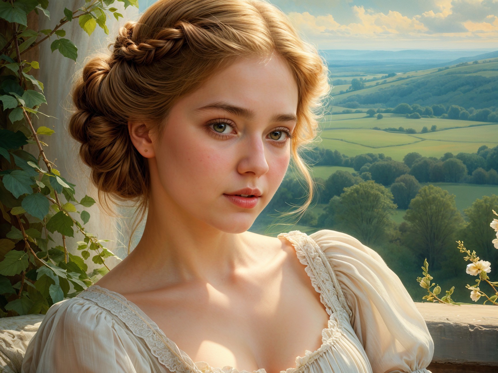 Young Woman in Elegant Dress Against Serene Landscape