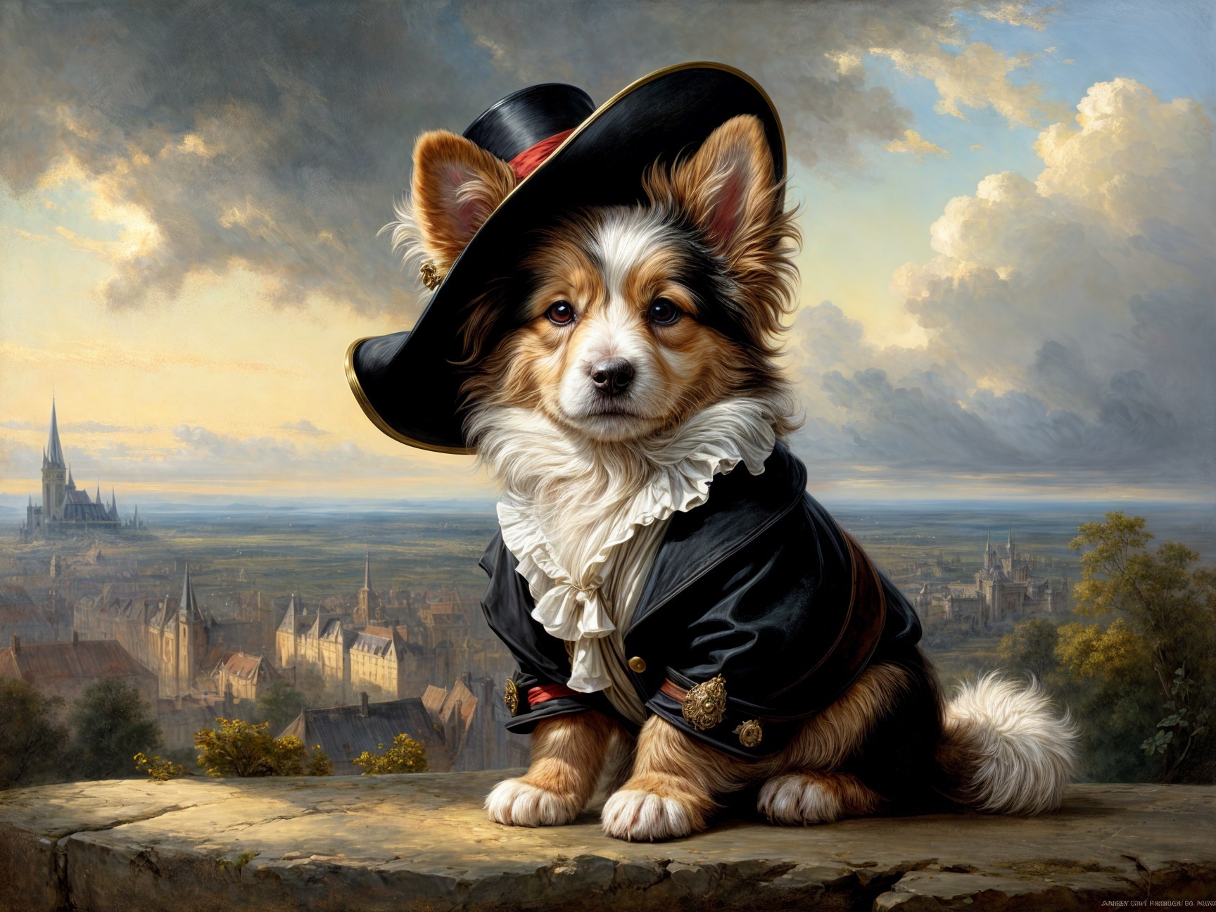 Regal Corgi in Elegant Attire Against Scenic Landscape