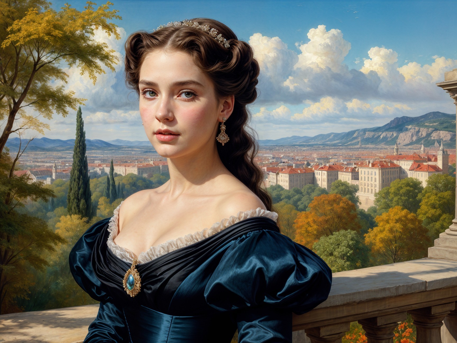 Young woman in dark blue gown against scenic landscape