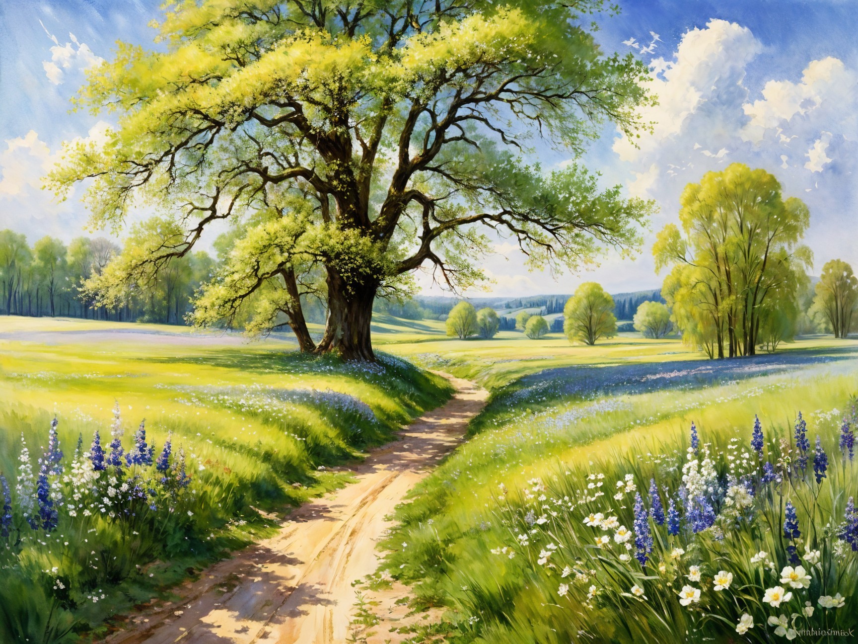 Serene Landscape with Winding Path and Wildflowers