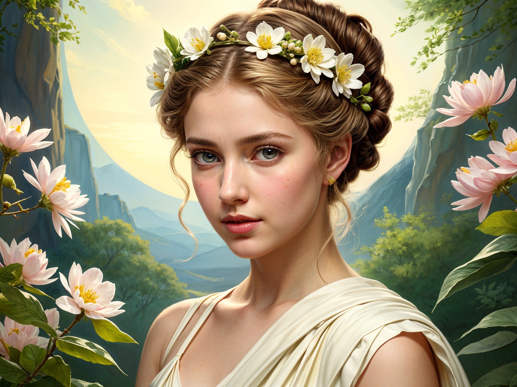 Young Woman in Serene Landscape with Flowers