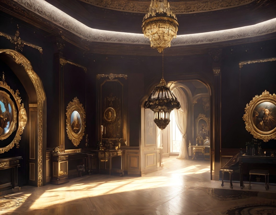 Opulent Interior with Golden Accents and Chandeliers