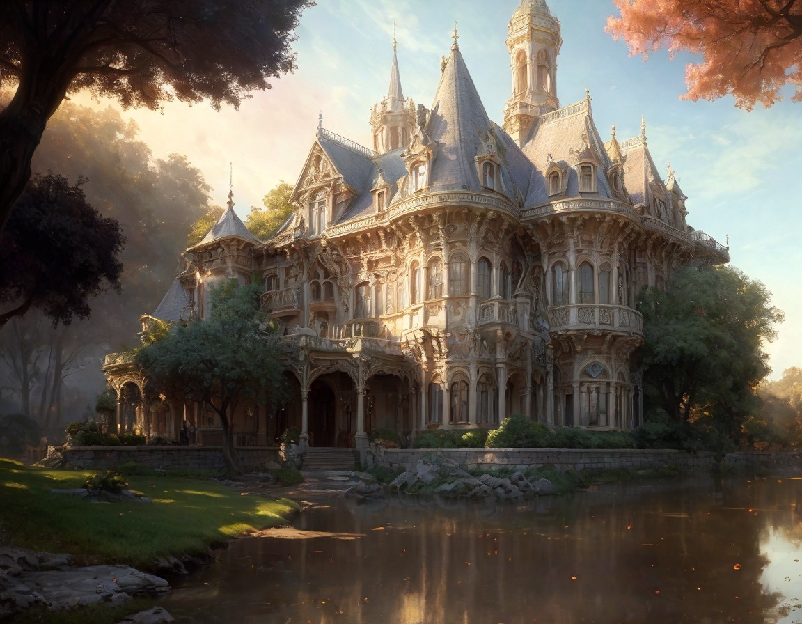 Victorian-era mansion by tranquil lake with autumn foliage