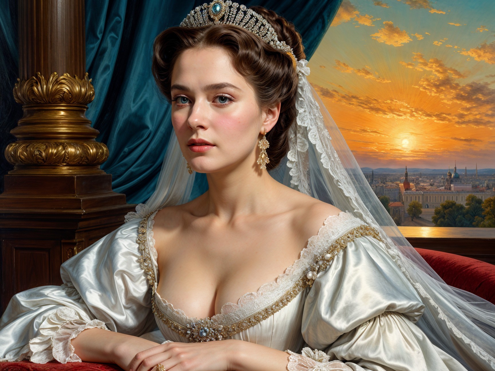 Elegant Portrait of Woman in Historic Gown at Sunset