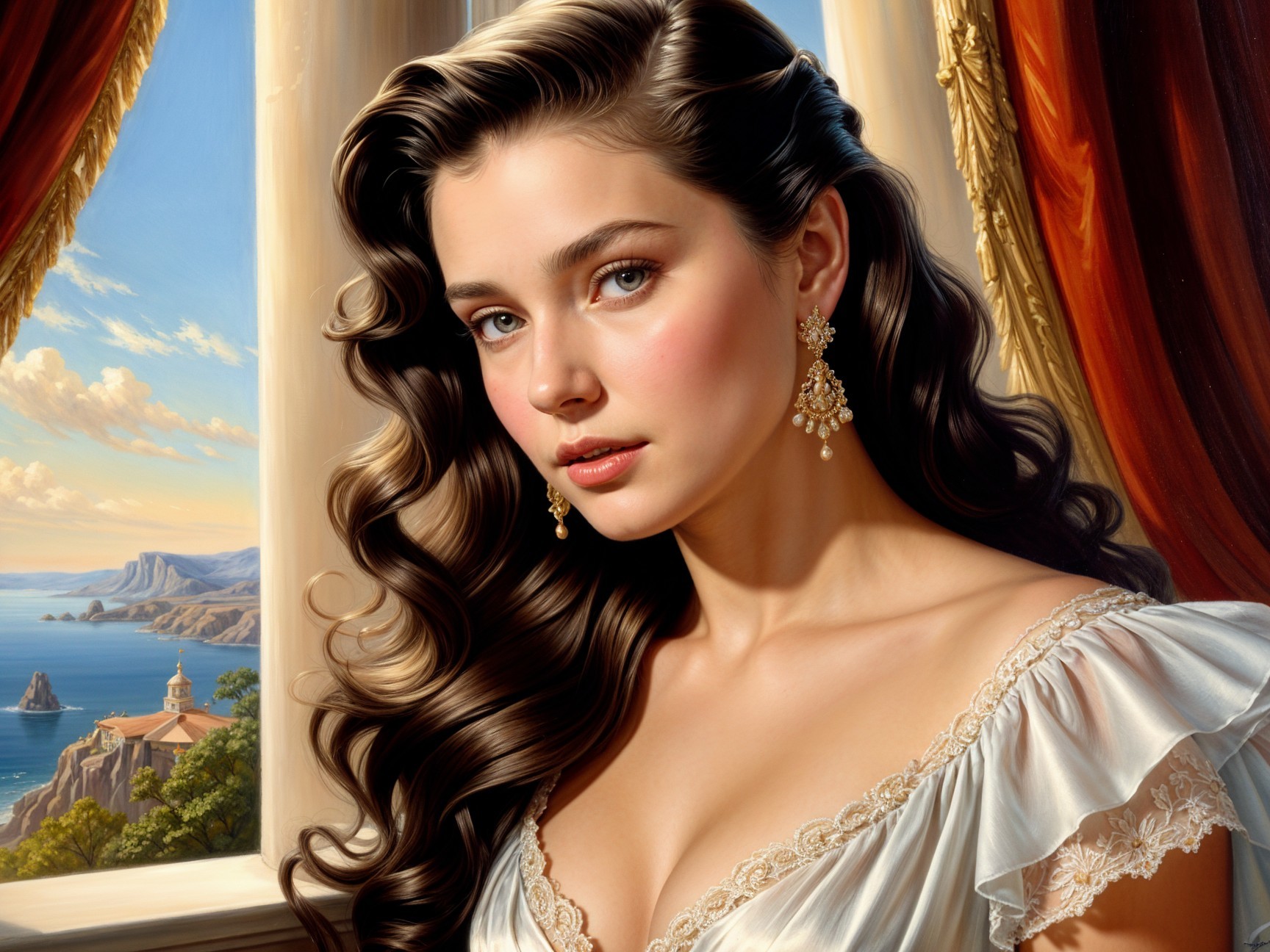 Young woman in elegant dress by coastal window