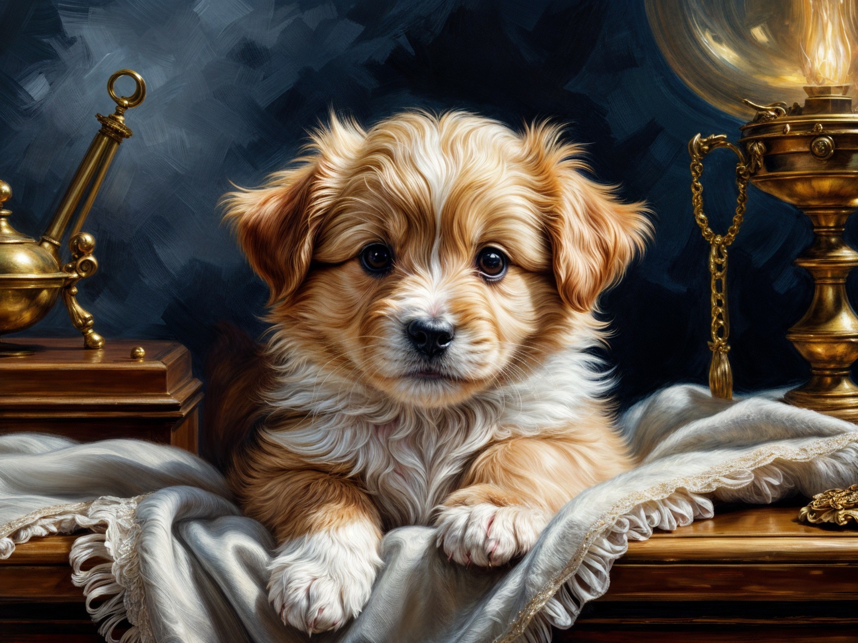 Fluffy Golden-Brown Puppy on Soft Fabric Background