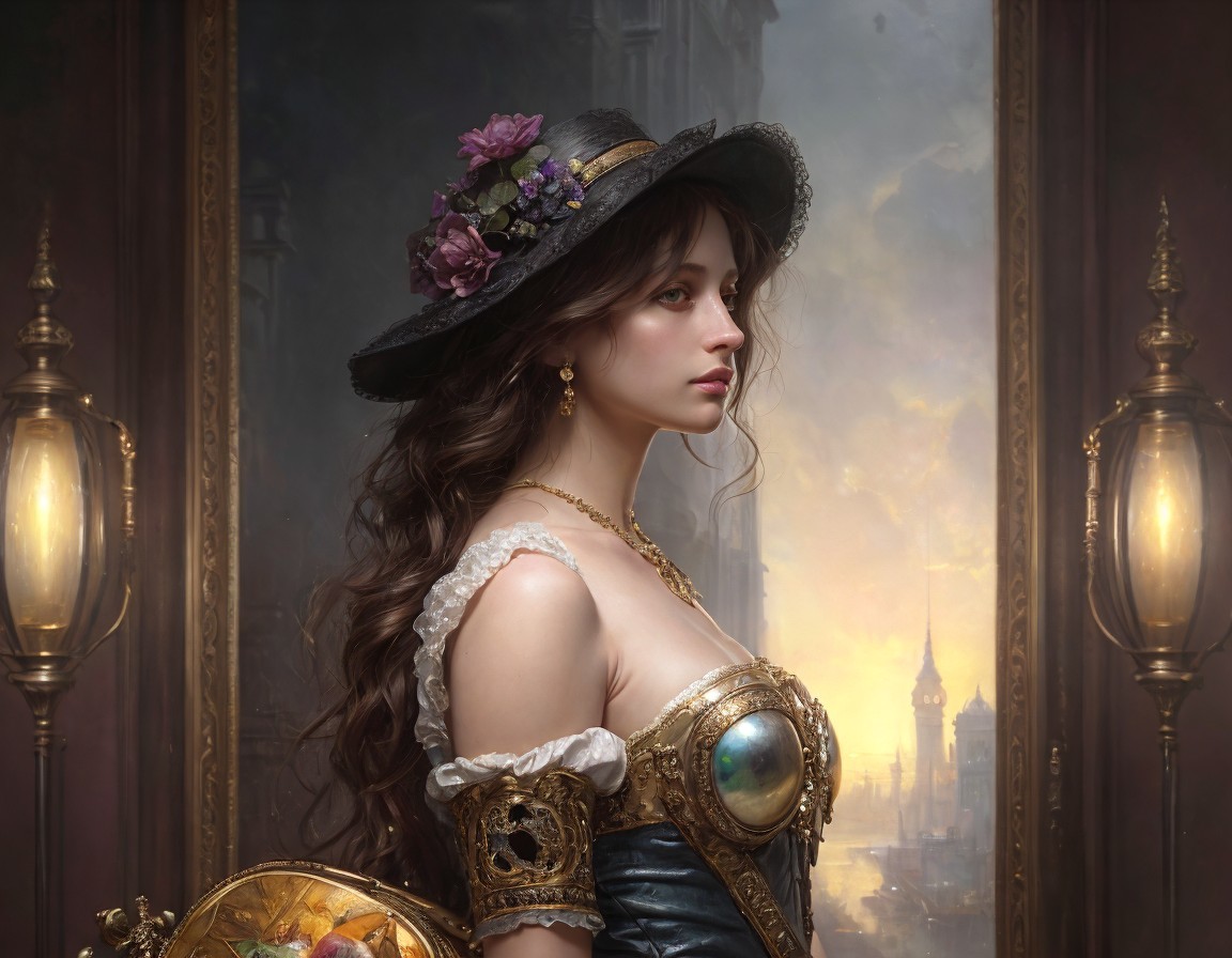 Victorian Woman in Corset and Flowered Hat