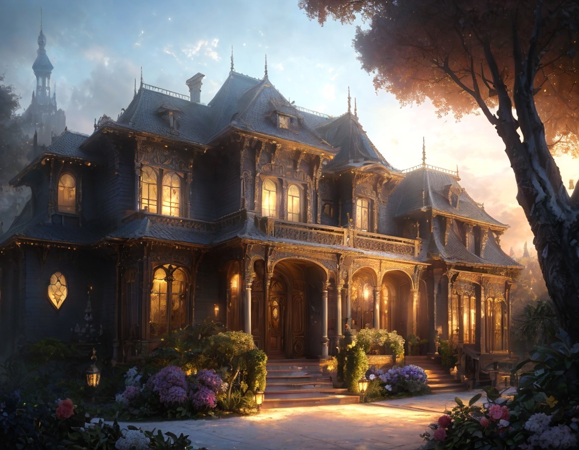 Victorian-style mansion in sunlight with lush gardens