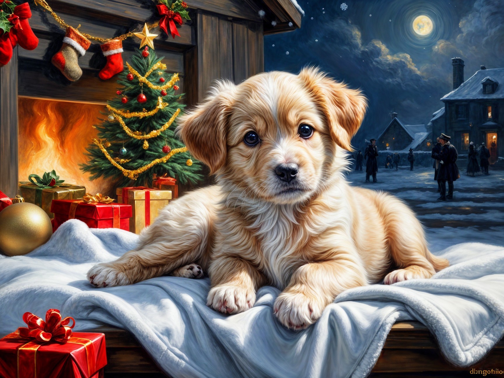 Cozy Holiday Scene with Puppy by Fireplace and Tree