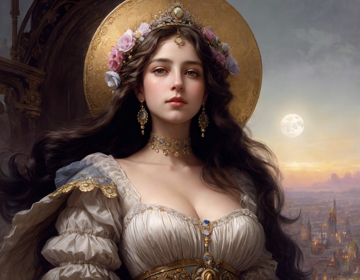 Regal woman in golden halo against cityscape and moonlit sky