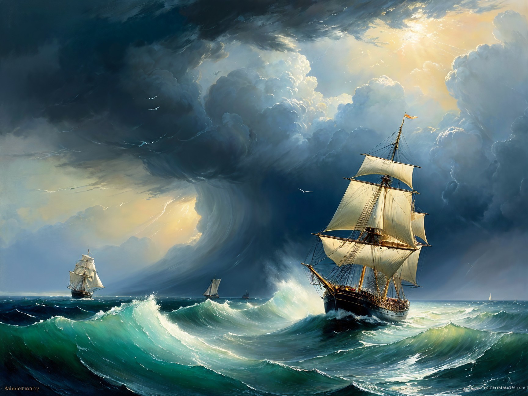 Dramatic Seascape with Sailing Ships and Stormy Sky