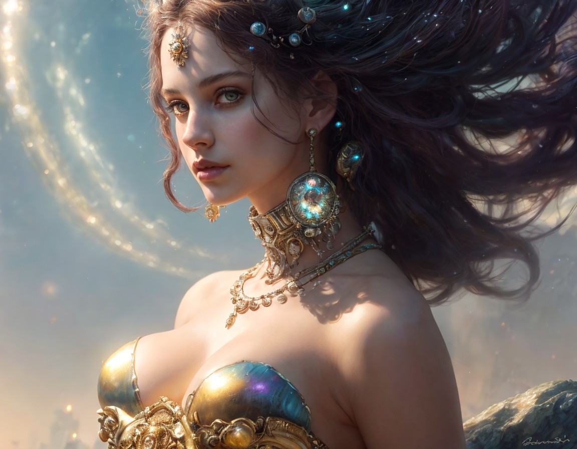 Fantasy Artwork of Woman in Golden Armor and Jewelry
