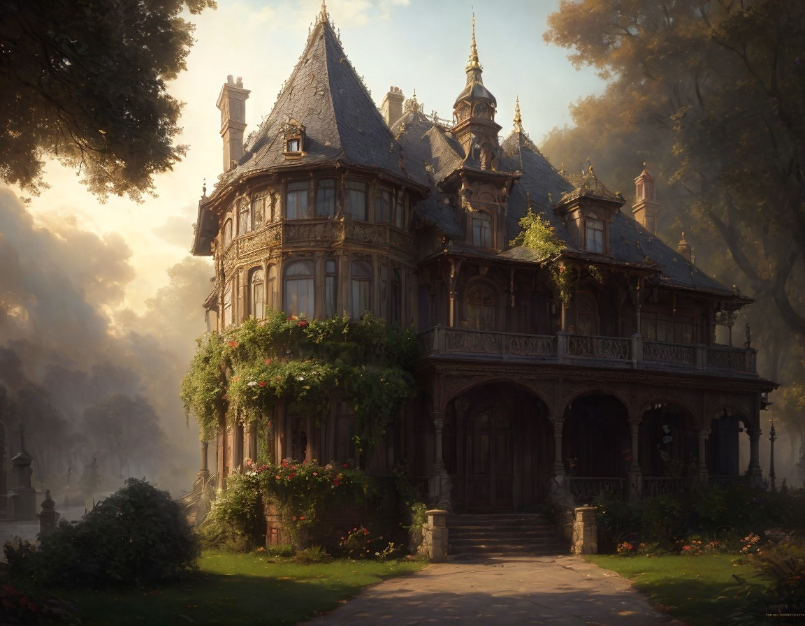 Ornate Victorian House in Sunlit Tree-Lined Setting