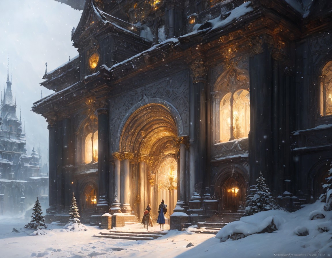 Grand illuminated building with intricate architecture in snowy landscape with two figures