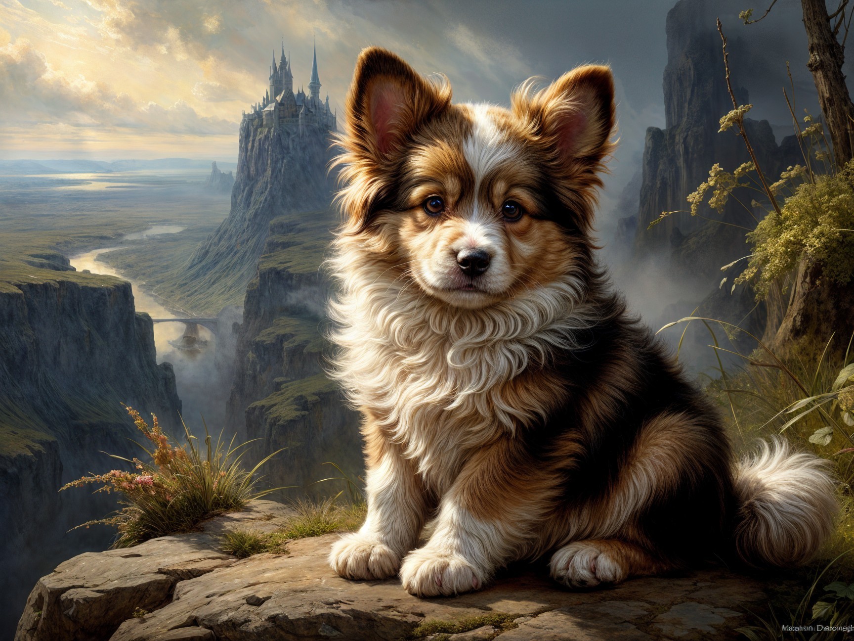Tri-colored dog on rocky ledge with sunset landscape
