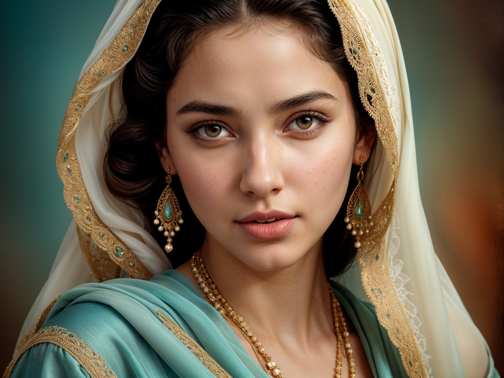 Young woman in elegant turquoise outfit with gold details