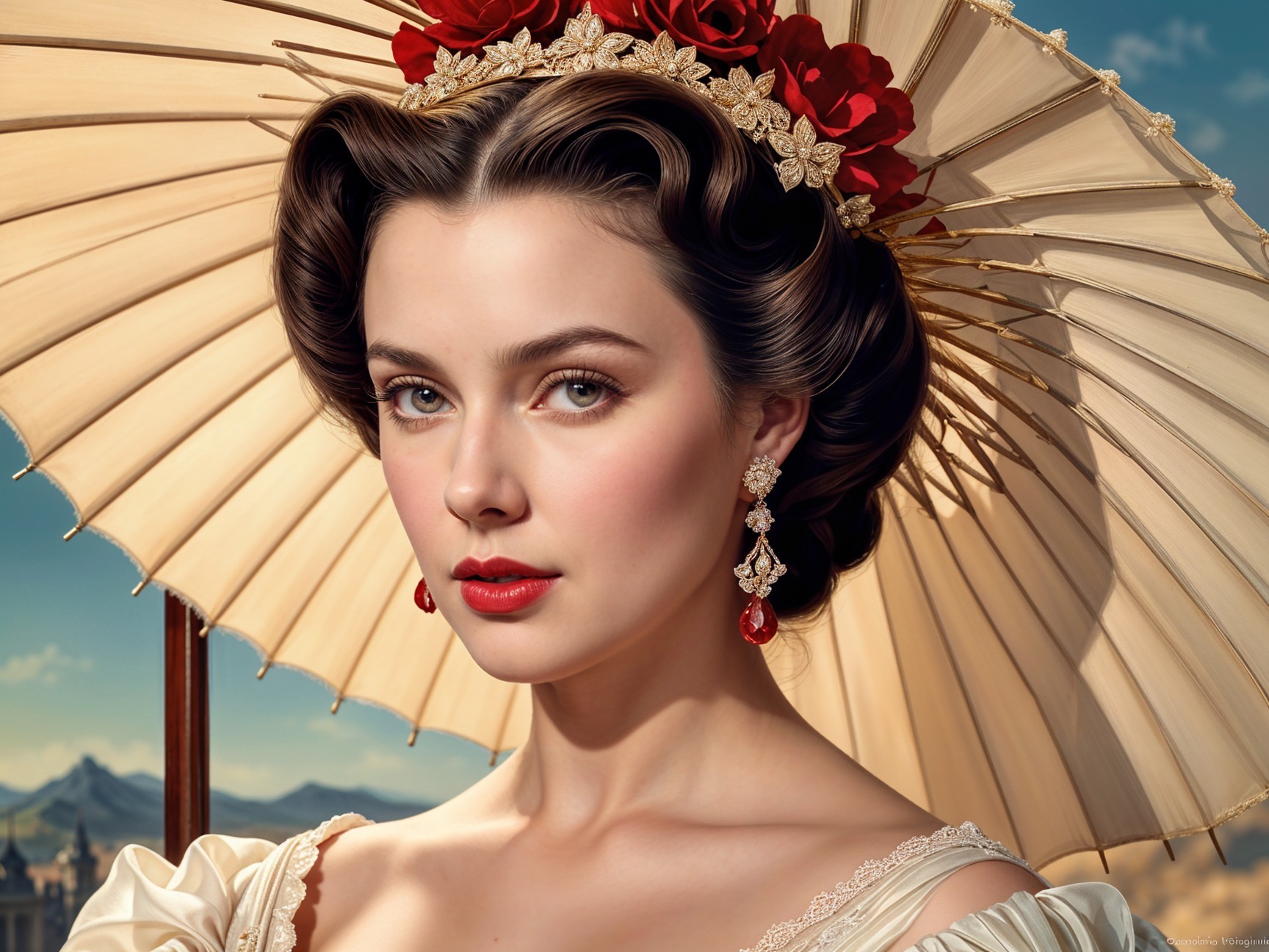 Elegant Woman with Parasol in Serene Landscape