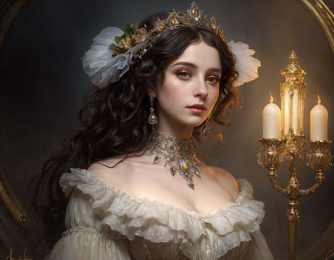 Portrait of a Young Woman in Vintage Dress and Crown