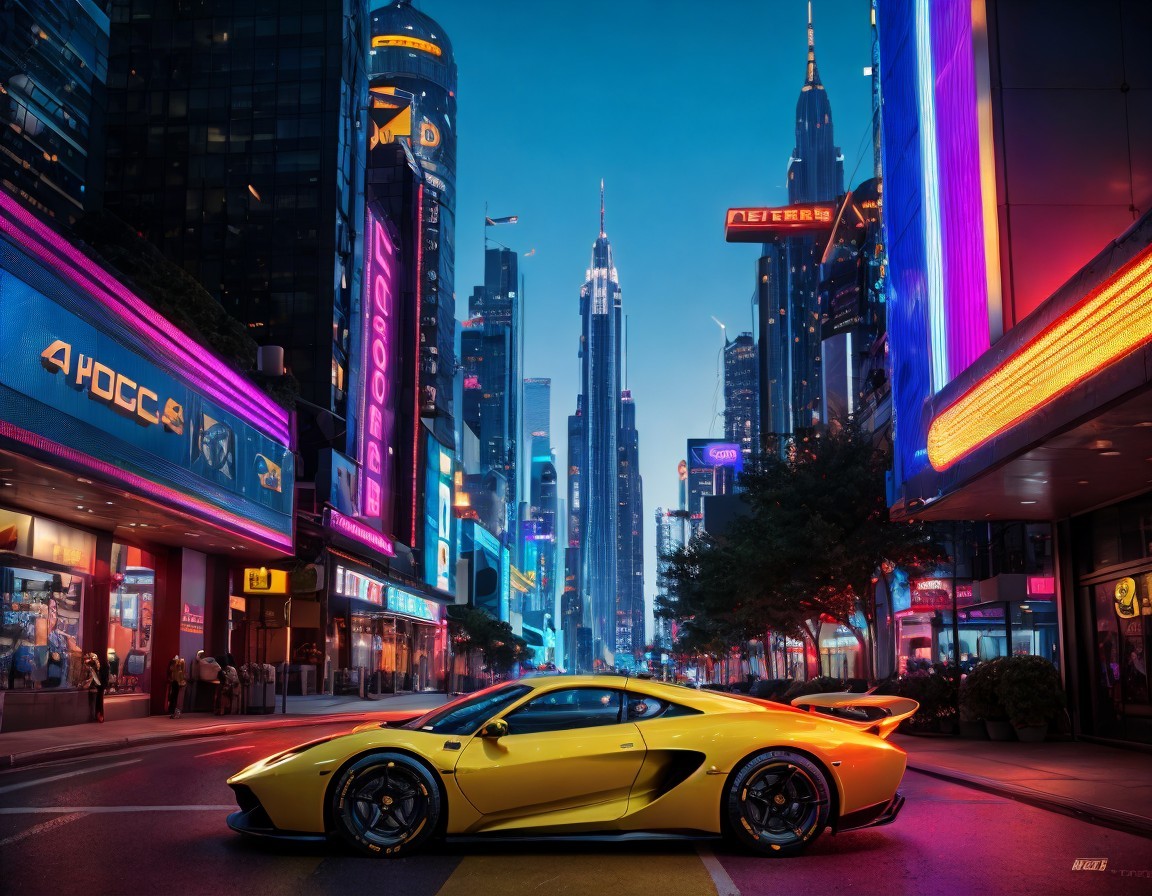 Yellow Sports Car Parked on Vibrant City Street at Dusk