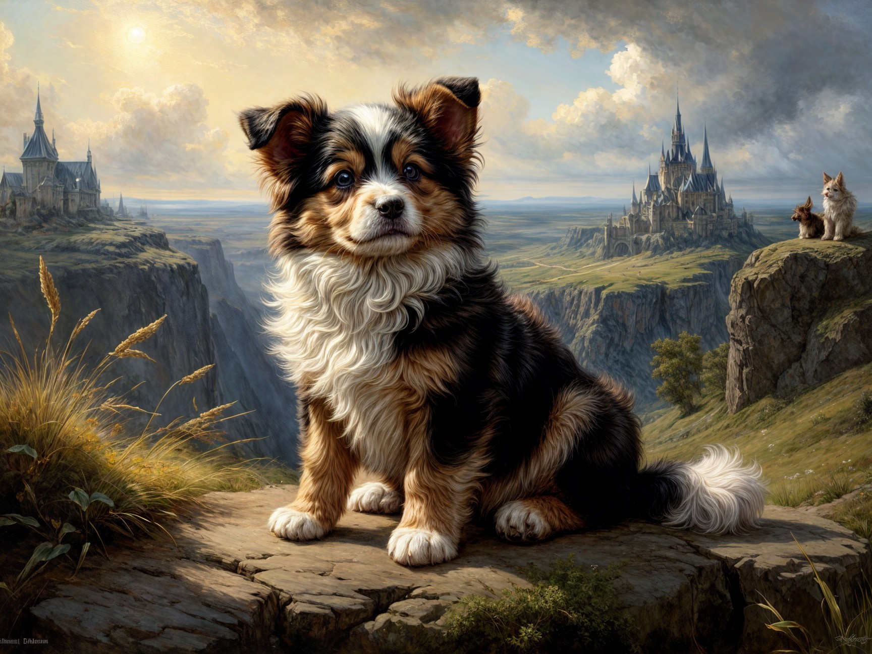 Fluffy Tri-Color Dog on Rocky Ledge with Scenic View