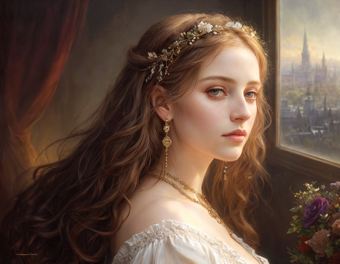 Woman portrait with long wavy hair, floral headpiece, off-shoulder dress, and serene