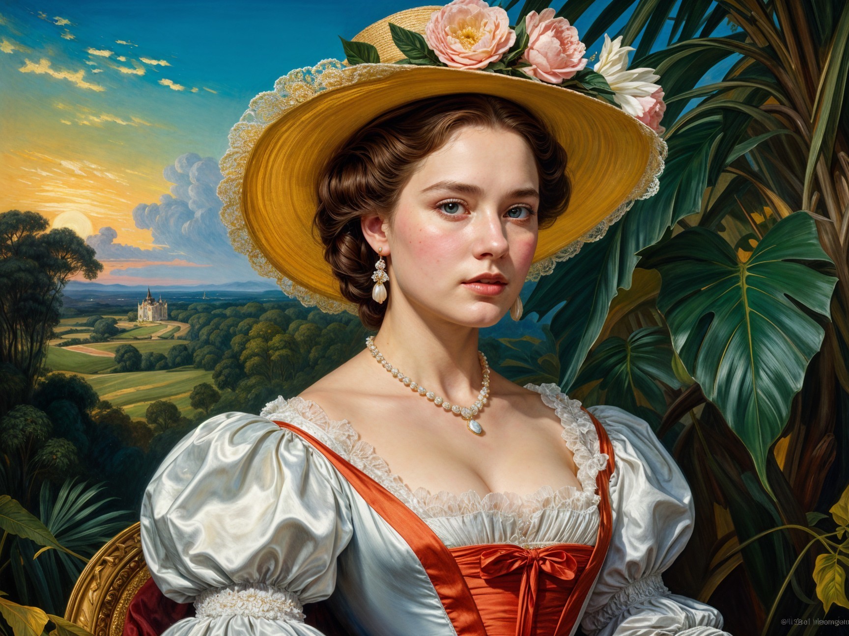 Young Woman in Historical Dress Amidst Scenic Landscape