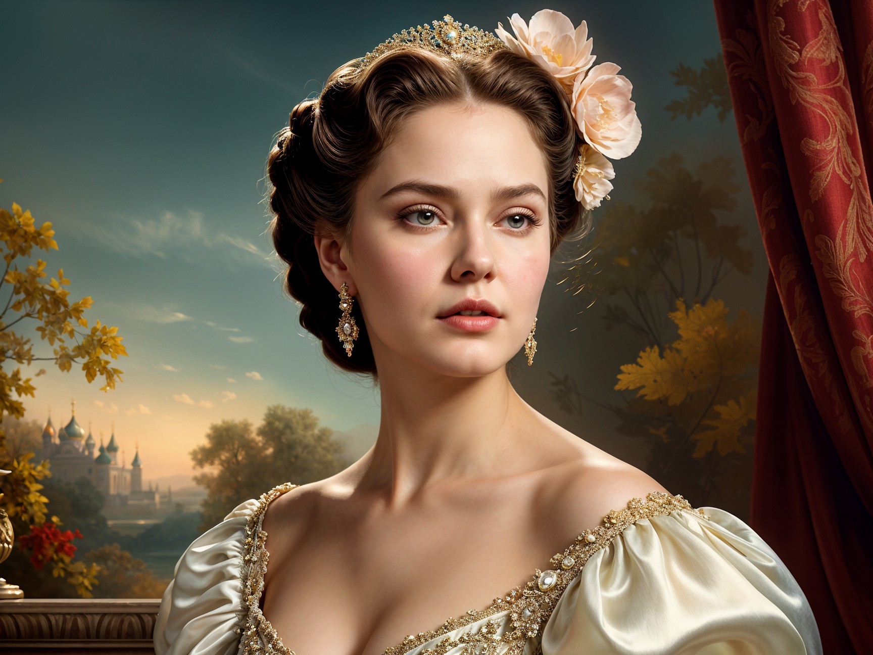 Elegant woman in gown with floral hairpiece in nature