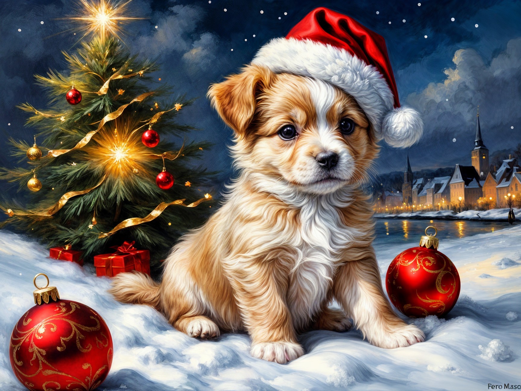 Fluffy Puppy in Santa Hat in Snowy Holiday Scene