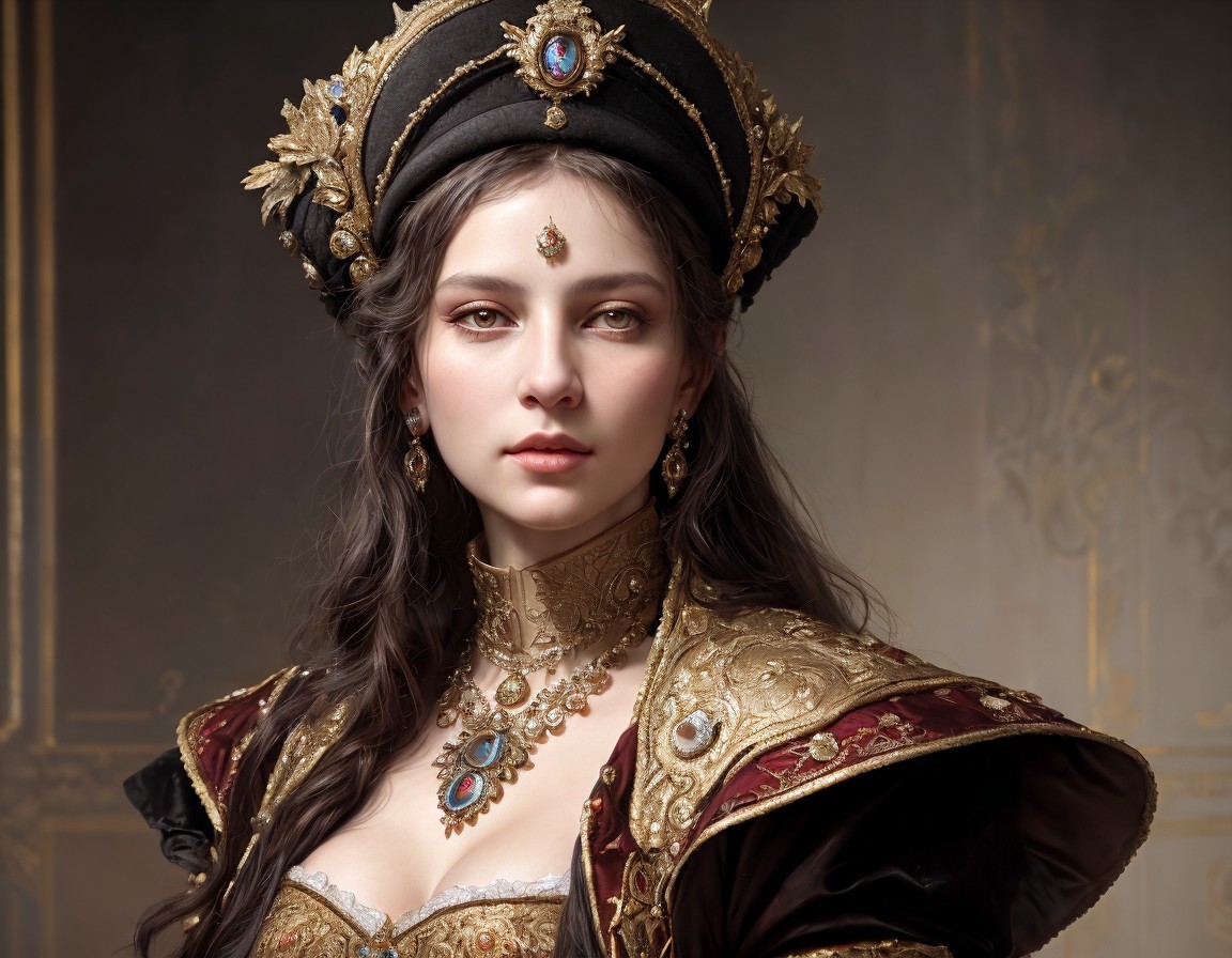 Regal Woman in Historical Costume with Crown