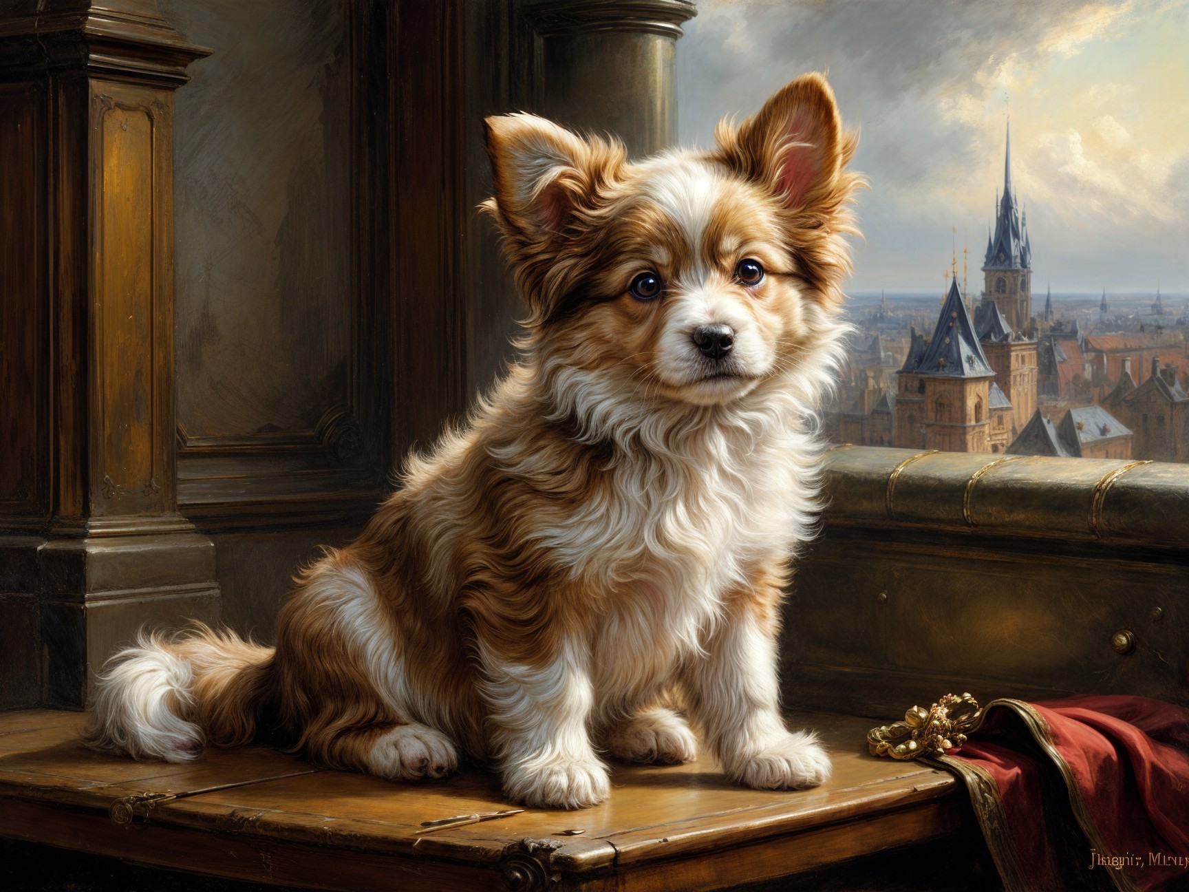 Fluffy Orange and White Dog on Wooden Table with Cityscape
