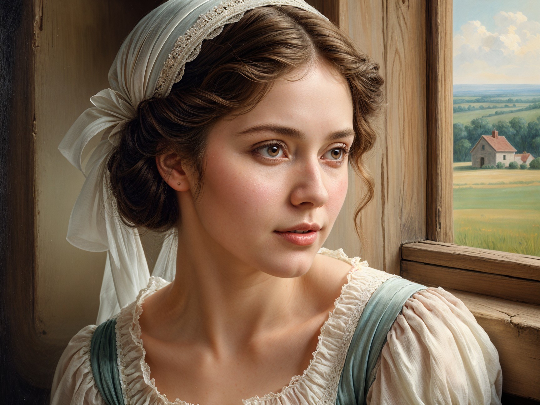 Young woman in period dress by rustic window scene