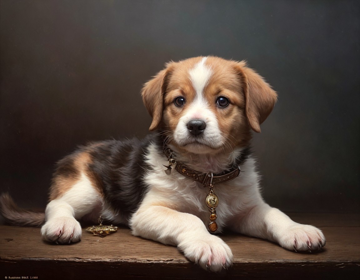 Tricolor Puppy with Pendant Collar in Serious Pose