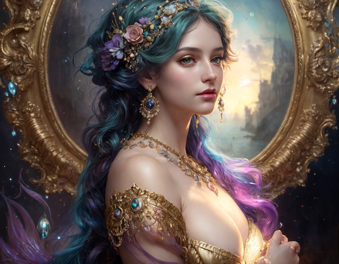 Multicolored hair woman in gold attire with flowers and mirror