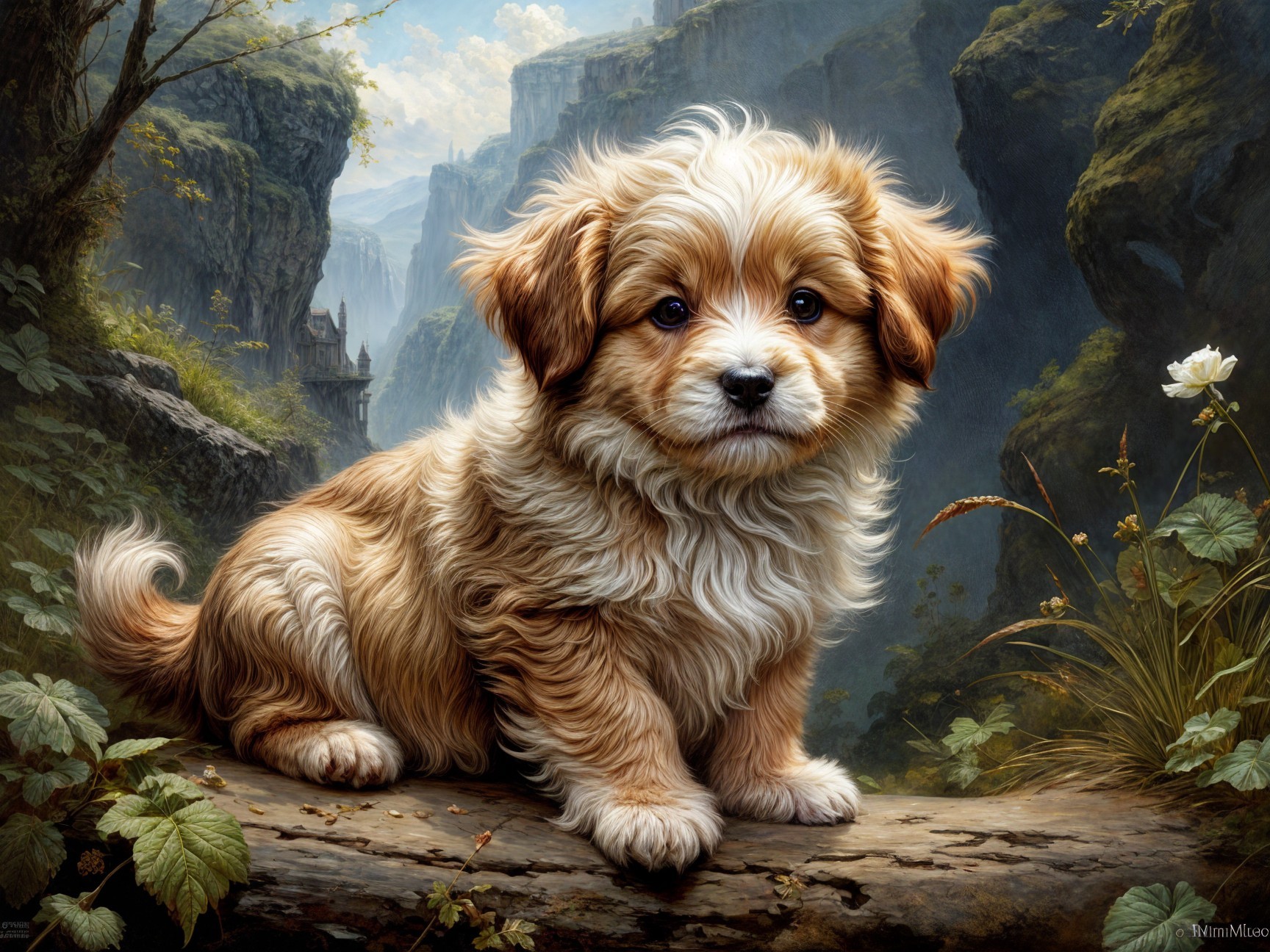 Fluffy Golden-Brown Puppy in a Lush Landscape